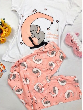 Pijama dama ieftina bumbac lunga cu pantaloni lungi roz si tricou alb cu imprimeu Elefantel