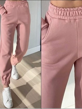 Pantaloni dama lungi de tip jogger din bumbac roz cu elastic si buzunare
