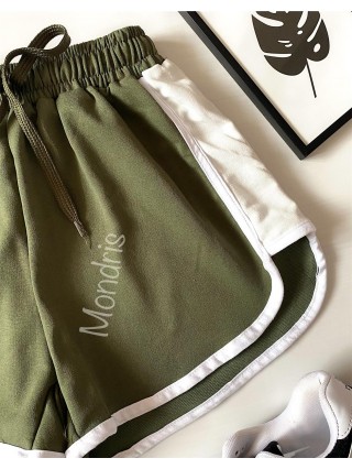 Pantaloni dama scurti sport khaki cu dungi laterale albe