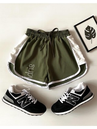 Pantaloni dama scurti sport khaki cu dungi laterale albe