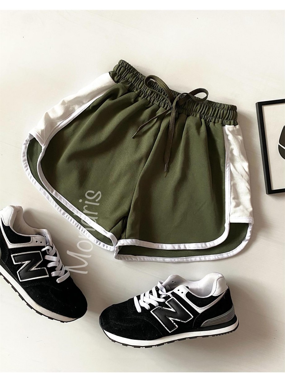 Pantaloni dama scurti sport khaki cu dungi laterale albe