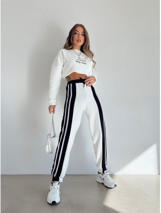 Pantaloni dama casual albi tip jogger cu dungi laterale negre