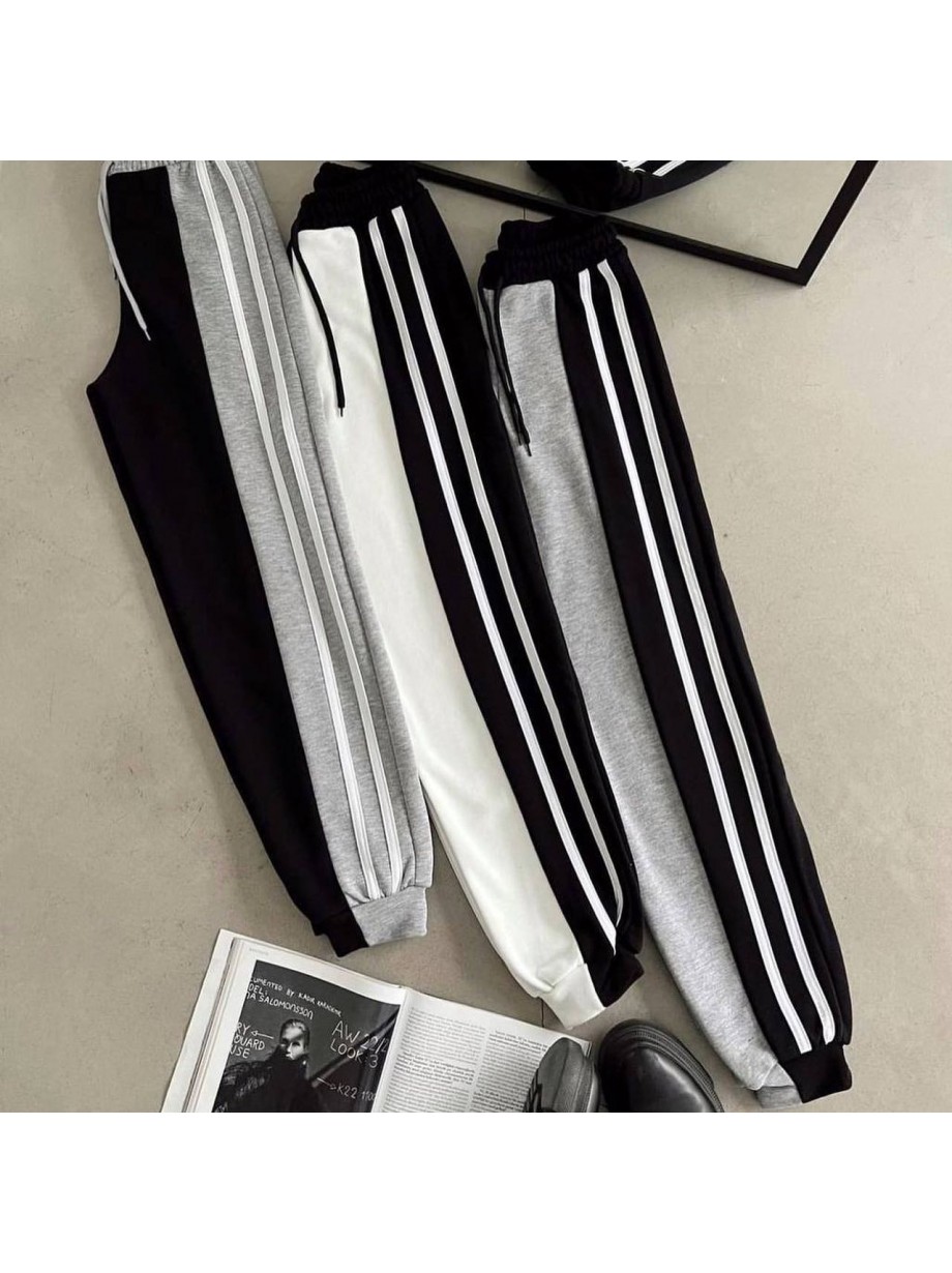 Pantaloni dama casual negru tip jogger cu dungi laterale gri