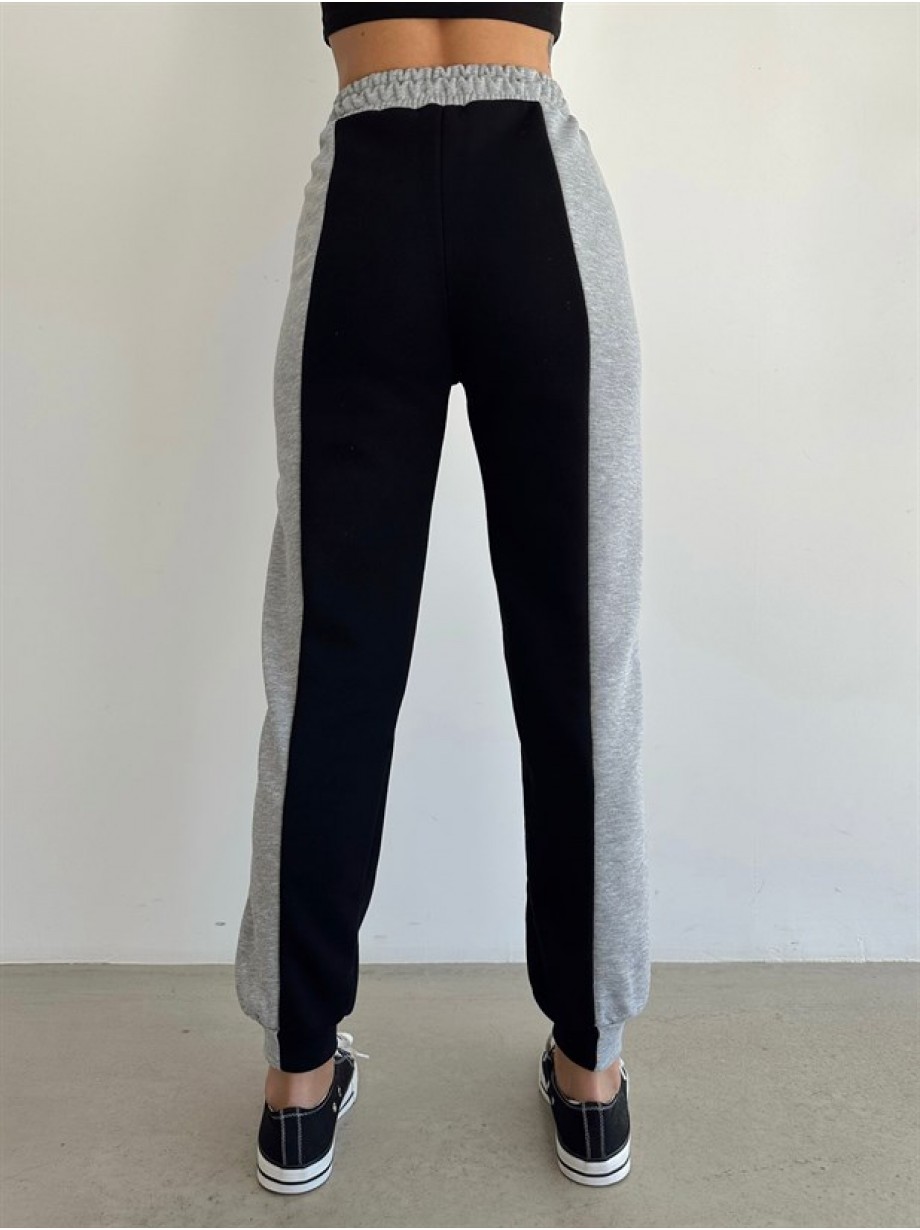 Pantaloni dama casual negru tip jogger cu dungi laterale gri