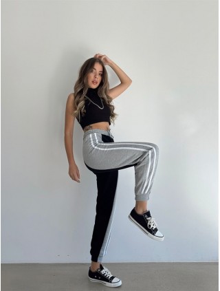 Pantaloni dama casual negru tip jogger cu dungi laterale gri