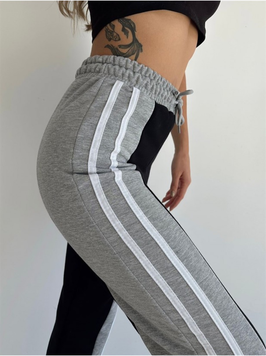 Pantaloni dama casual negru tip jogger cu dungi laterale gri