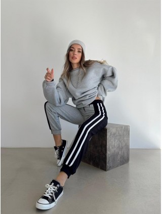 Pantaloni dama casual gri tip jogger cu dungi laterale negre