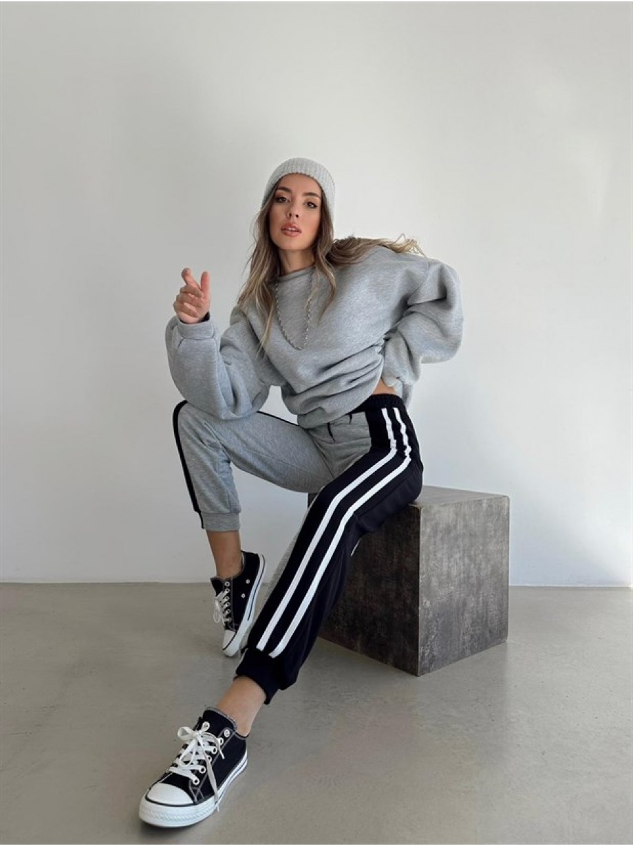 Pantaloni dama casual gri tip jogger cu dungi laterale negre