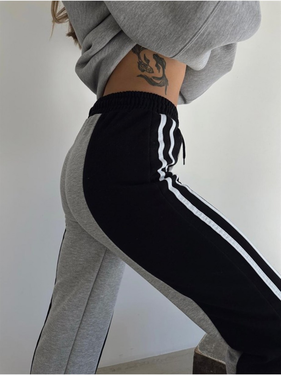 Pantaloni dama casual gri tip jogger cu dungi laterale negre