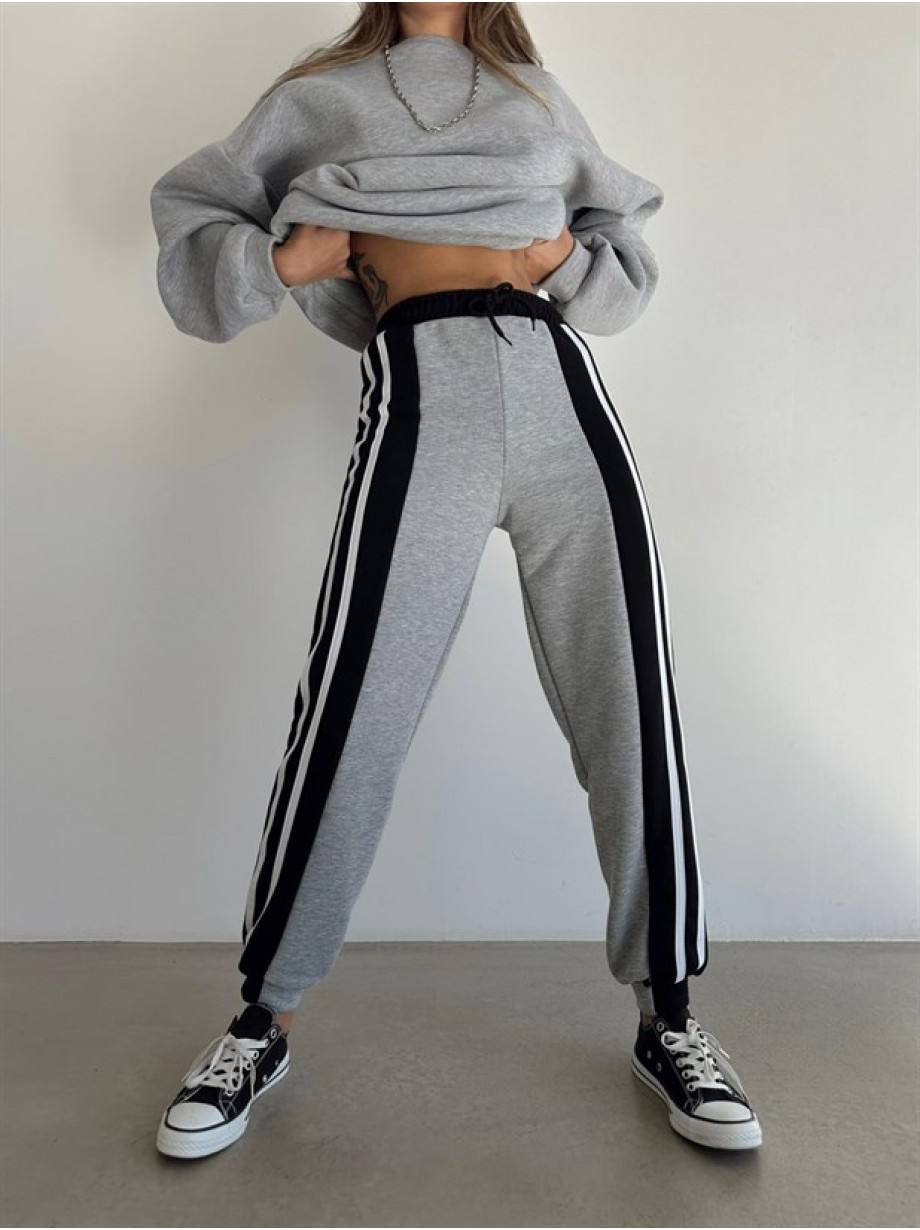 Pantaloni dama casual gri tip jogger cu dungi laterale negre