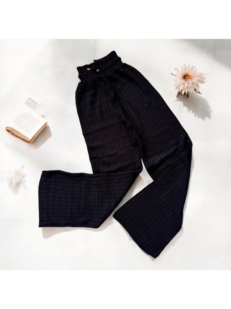 Pantaloni dama din tricot GROS negri cu snur in talie