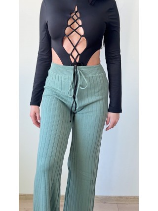 Pantaloni dama din tricot GROS bleu cu snur in talie