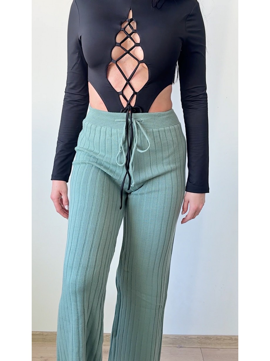 Pantaloni dama din tricot GROS bleu cu snur in talie