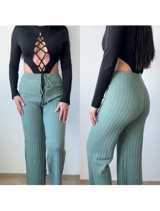 Pantaloni dama din tricot GROS bleu cu snur in talie
