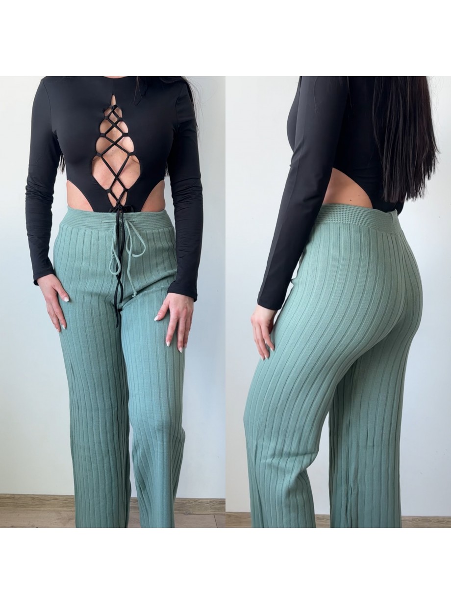 Pantaloni dama din tricot GROS bleu cu snur in talie