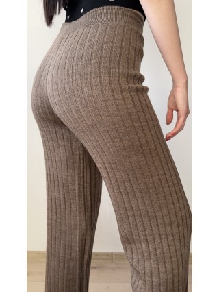 Pantaloni dama din tricot maro taupe cu snur in talie