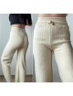 Pantaloni dama din tricot albi cu snur in talie