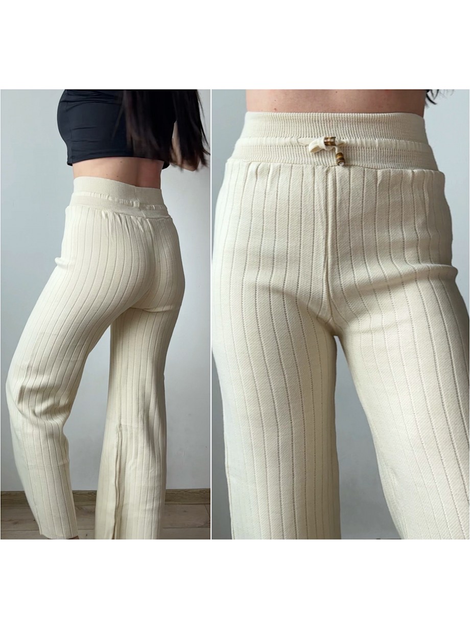 Pantaloni dama din tricot albi cu snur in talie