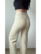 Pantaloni dama din tricot albi cu snur in talie