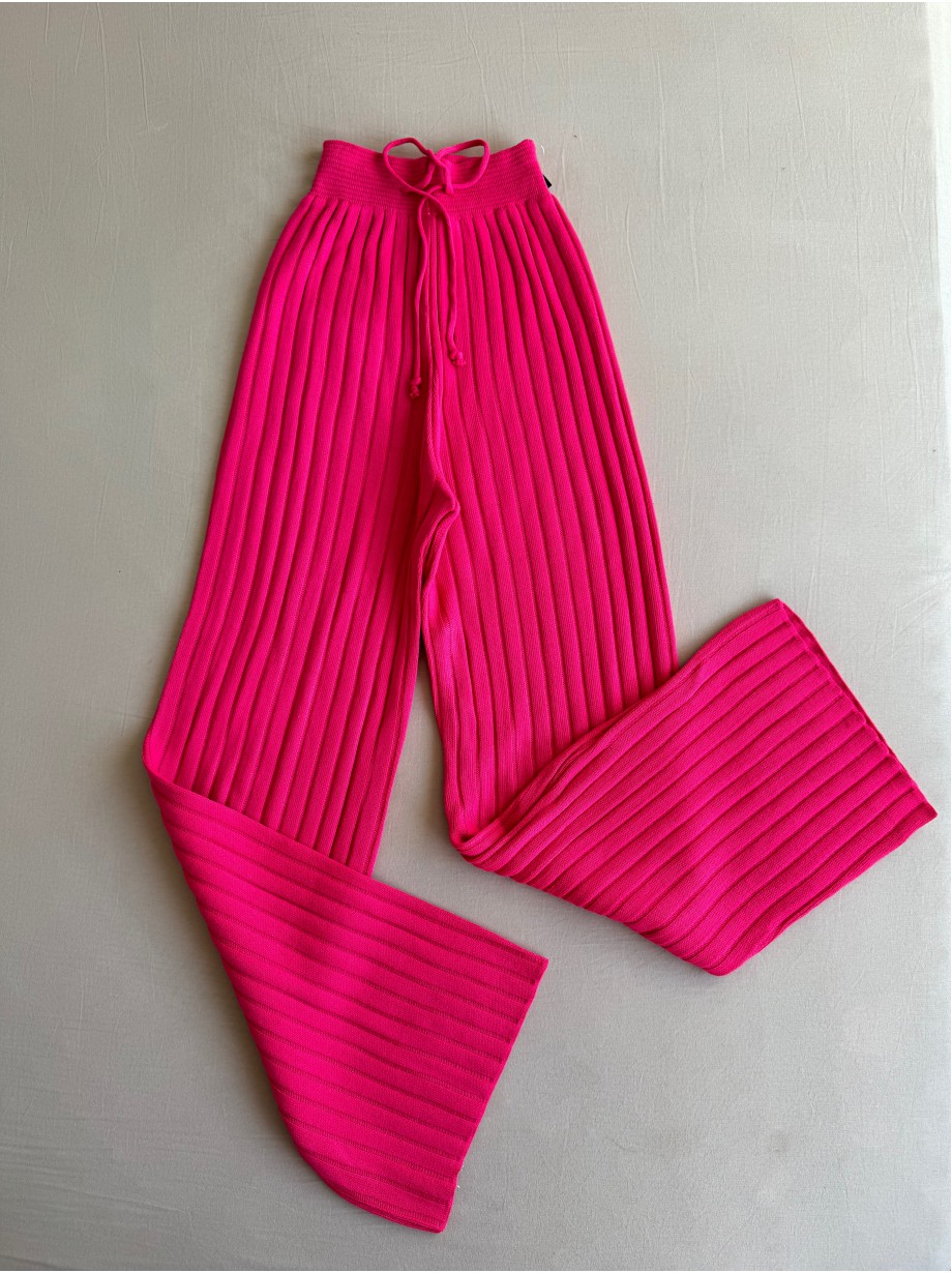 Pantaloni dama din tricot GROS roz NEON cu snur in talie
