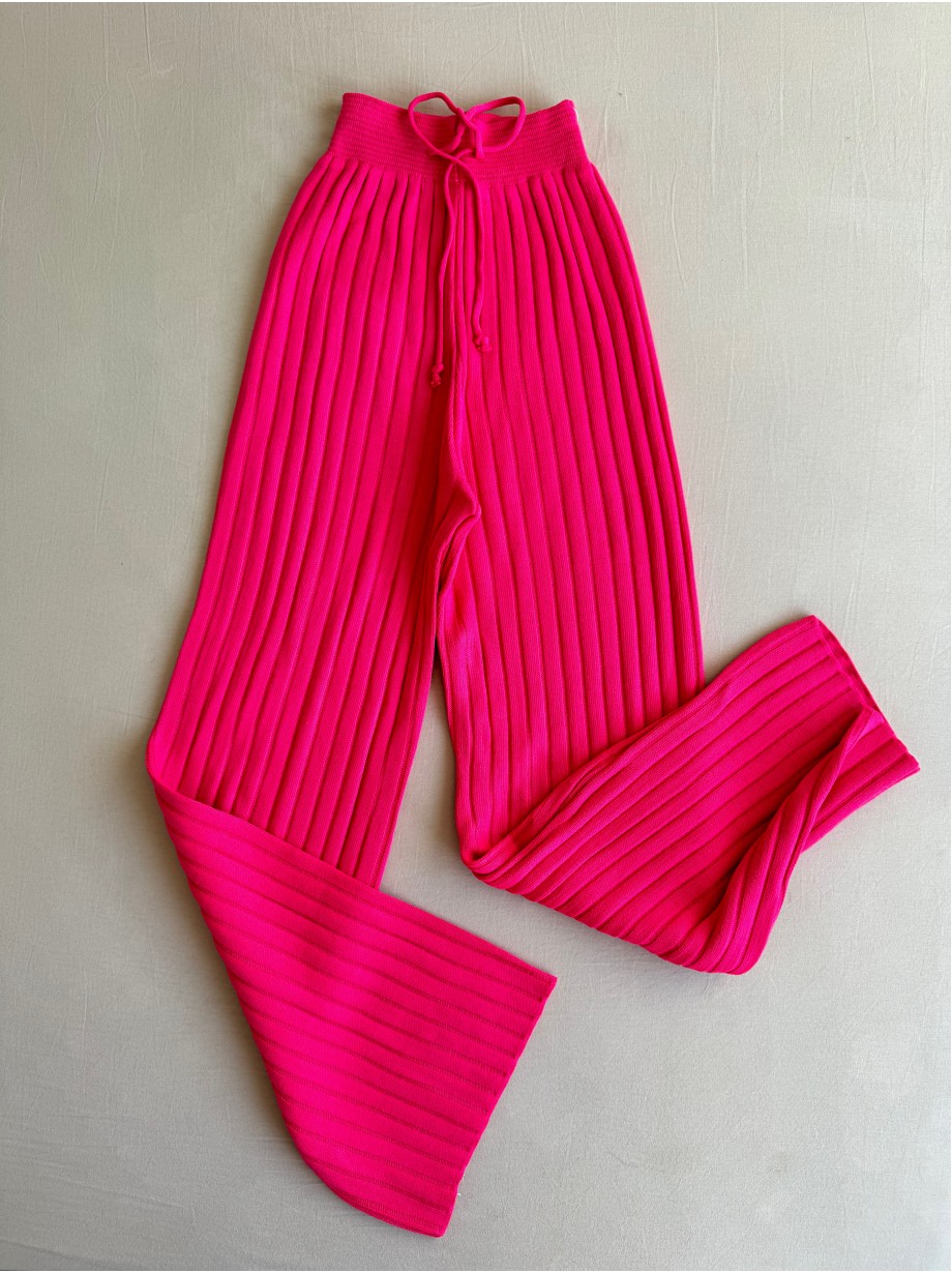 Pantaloni dama din tricot GROS roz NEON cu snur in talie