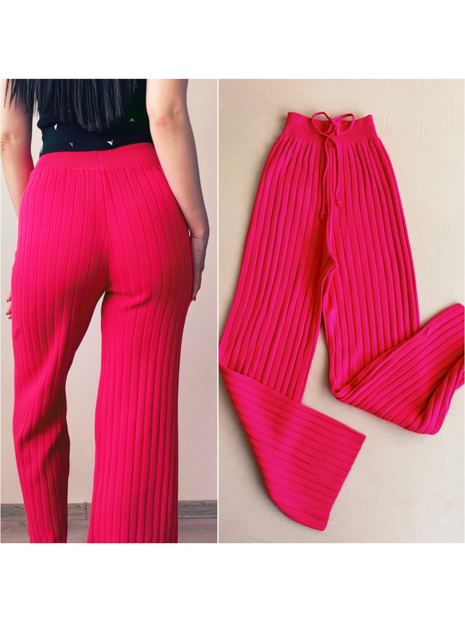 Pantaloni dama din tricot GROS roz NEON cu snur in talie