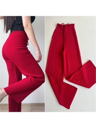 Pantaloni dama din tricot GROS rosii cu snur in talie