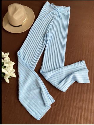 Pantaloni dama din tricot SUBTIRE baby blue cu snur in talie