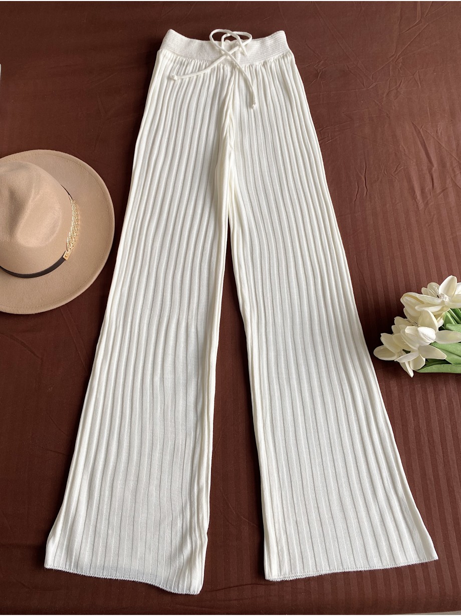 Pantaloni dama din tricot SUBTIRE albi cu snur in talie