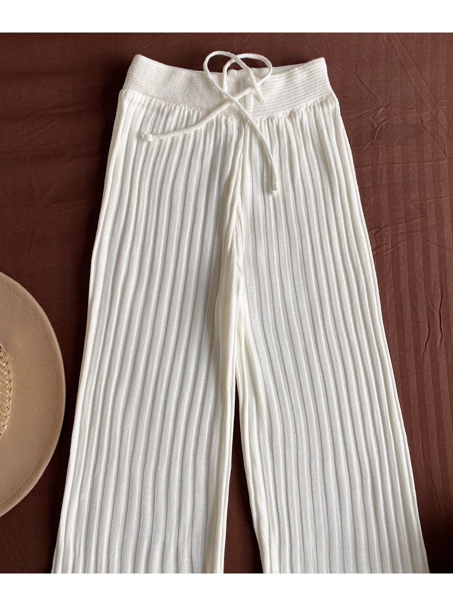 Pantaloni dama din tricot SUBTIRE albi cu snur in talie