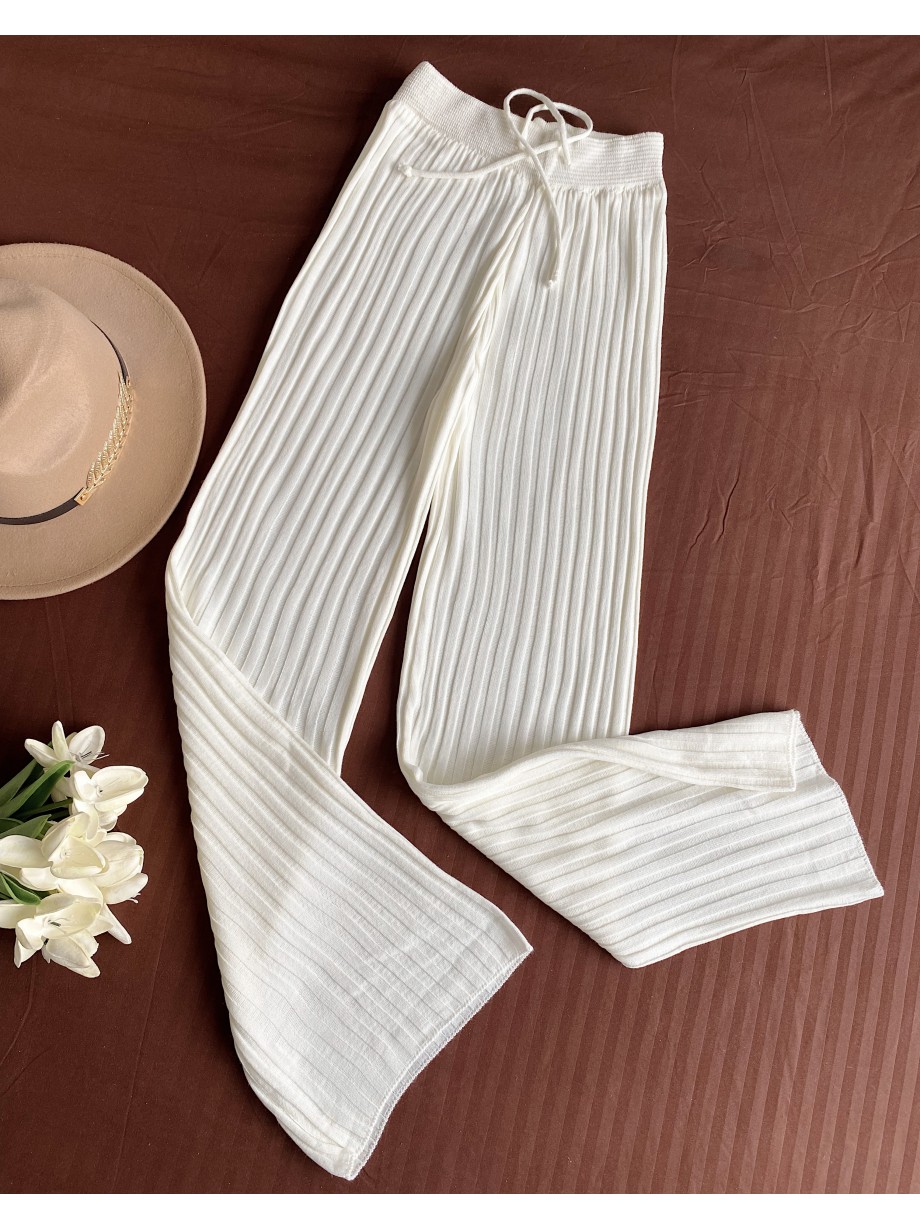 Pantaloni dama din tricot SUBTIRE albi cu snur in talie