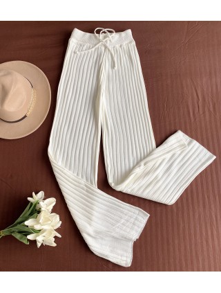 Pantaloni dama din tricot SUBTIRE albi cu snur in talie