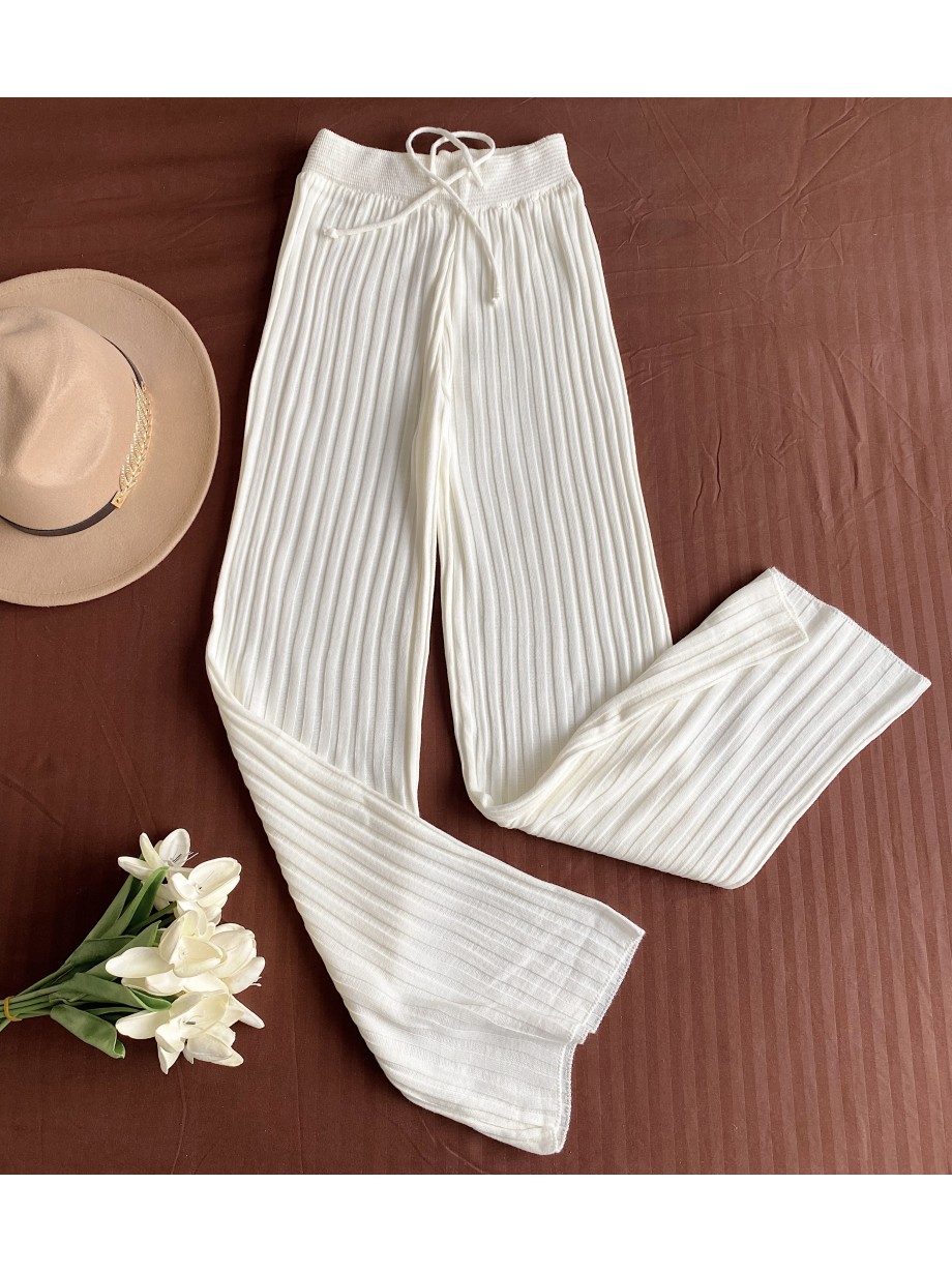 Pantaloni dama din tricot SUBTIRE albi cu snur in talie