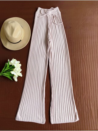 Pantaloni dama din tricot SUBTIRE roz deschis cu snur in talie