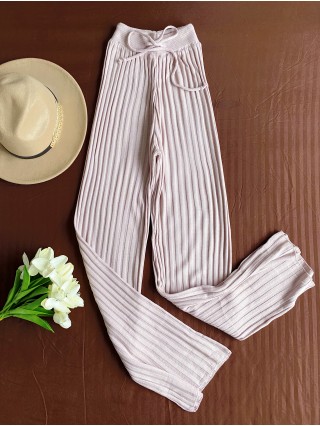 Pantaloni dama din tricot SUBTIRE roz deschis cu snur in talie