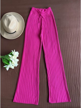 Pantaloni dama din tricot SUBTIRE roz fuchsia cu snur in talie