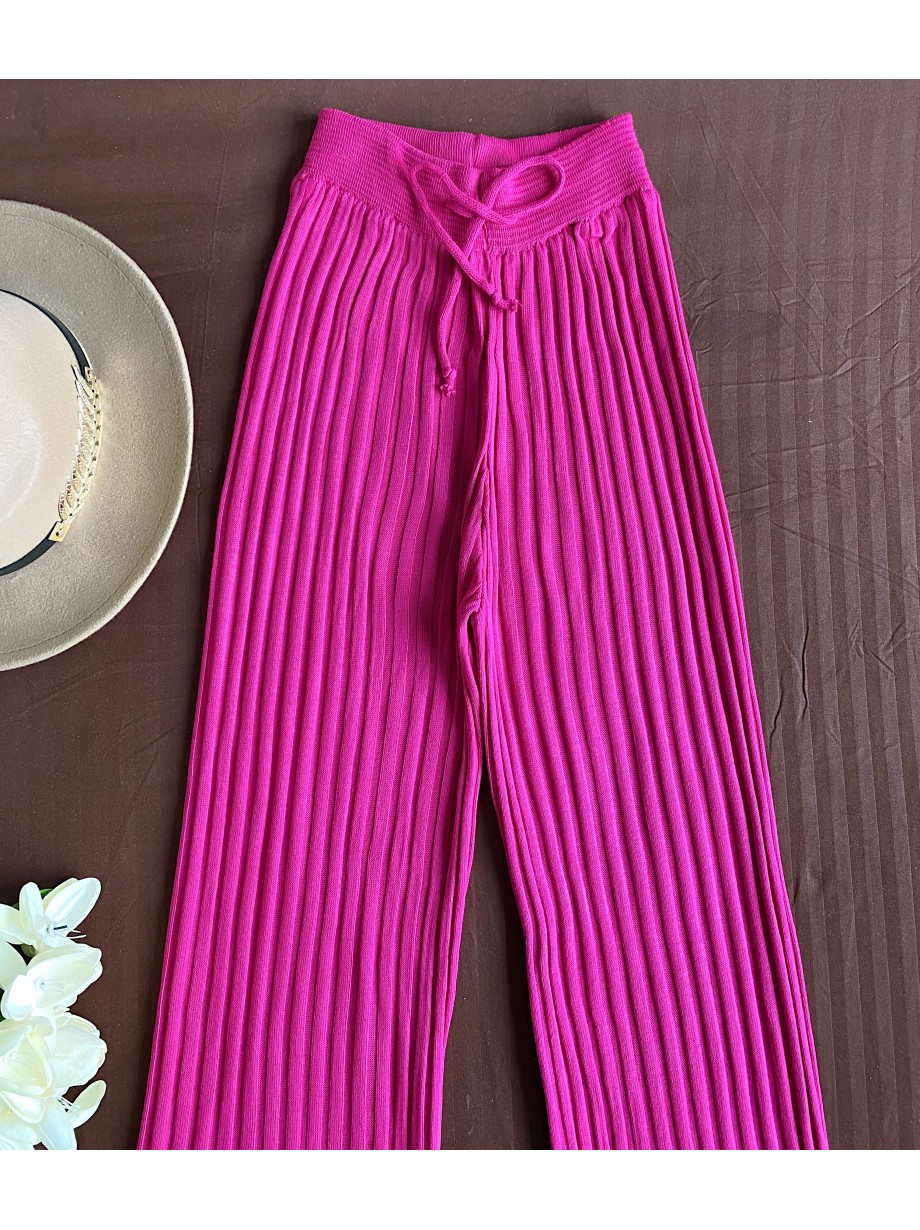 Pantaloni dama din tricot SUBTIRE roz fuchsia cu snur in talie