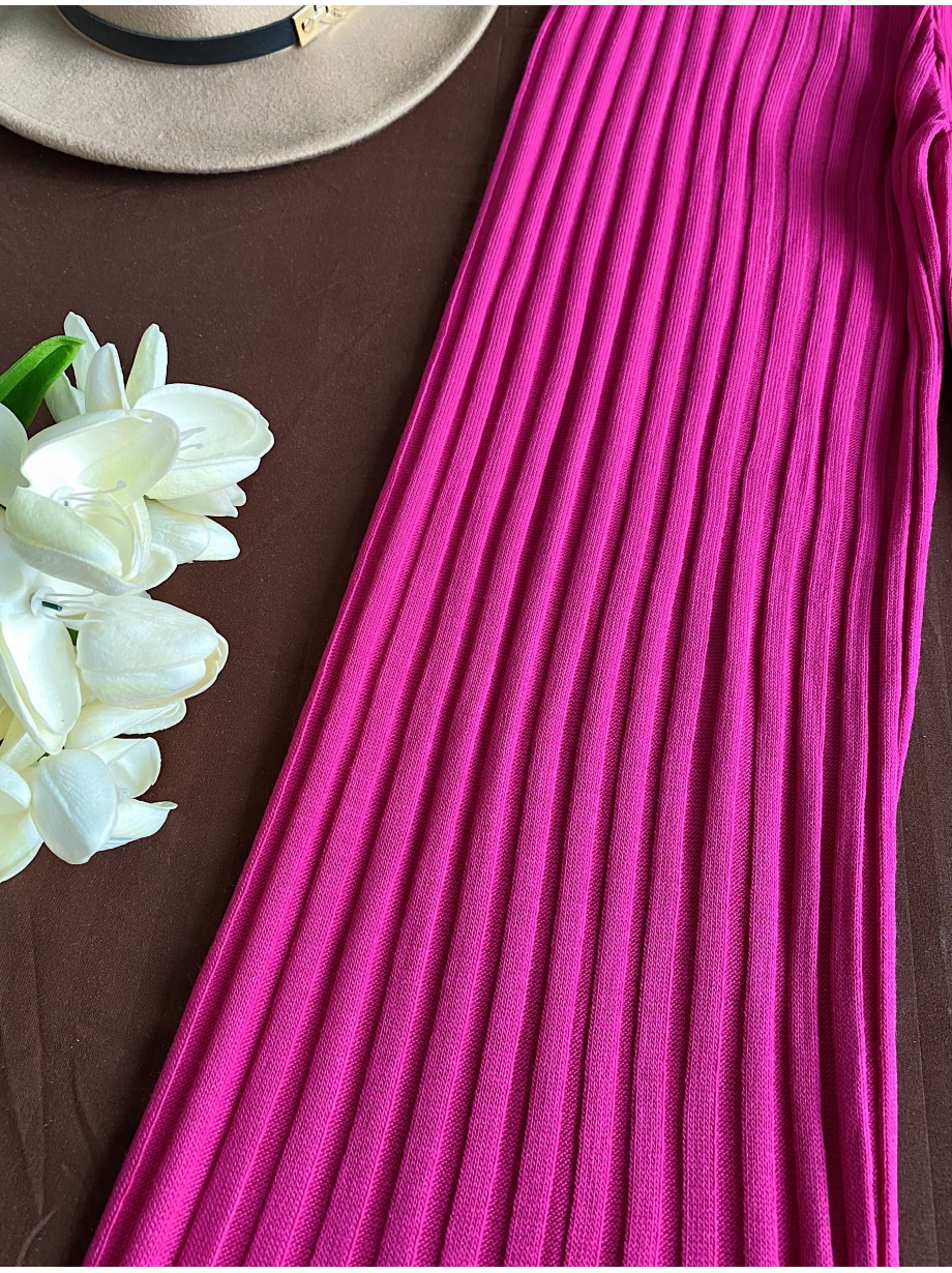 Pantaloni dama din tricot SUBTIRE roz fuchsia cu snur in talie