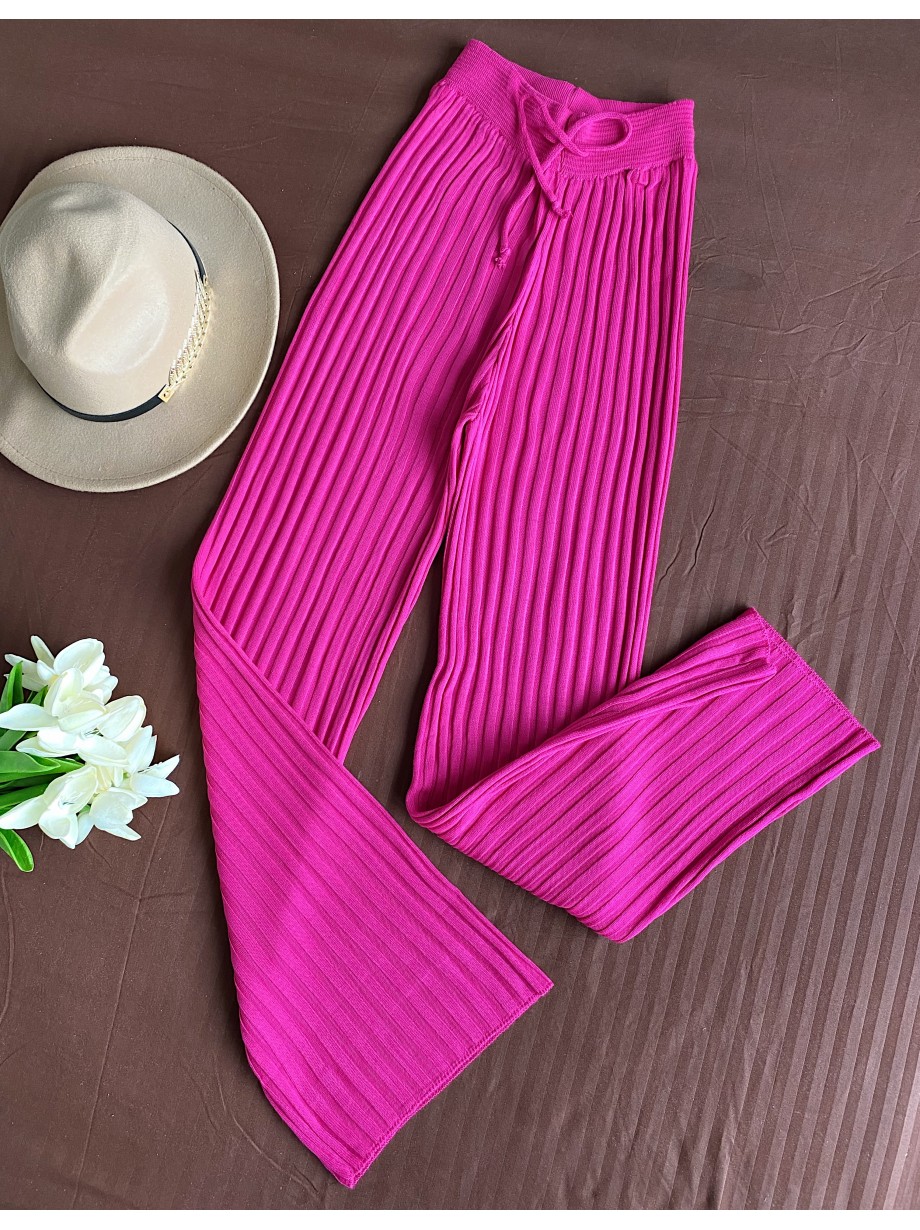 Pantaloni dama din tricot SUBTIRE roz fuchsia cu snur in talie