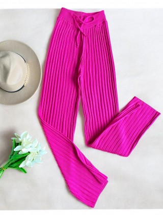 Pantaloni dama din tricot SUBTIRE roz fuchsia cu snur in talie