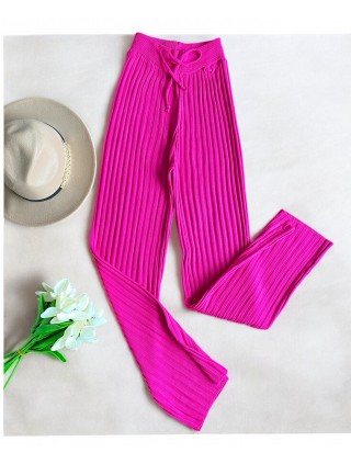 Pantaloni dama din tricot SUBTIRE roz fuchsia cu snur in talie