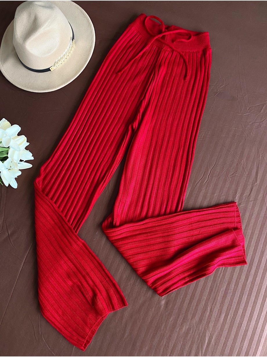 Pantaloni dama din tricot SUBTIRE rosii cu snur in talie