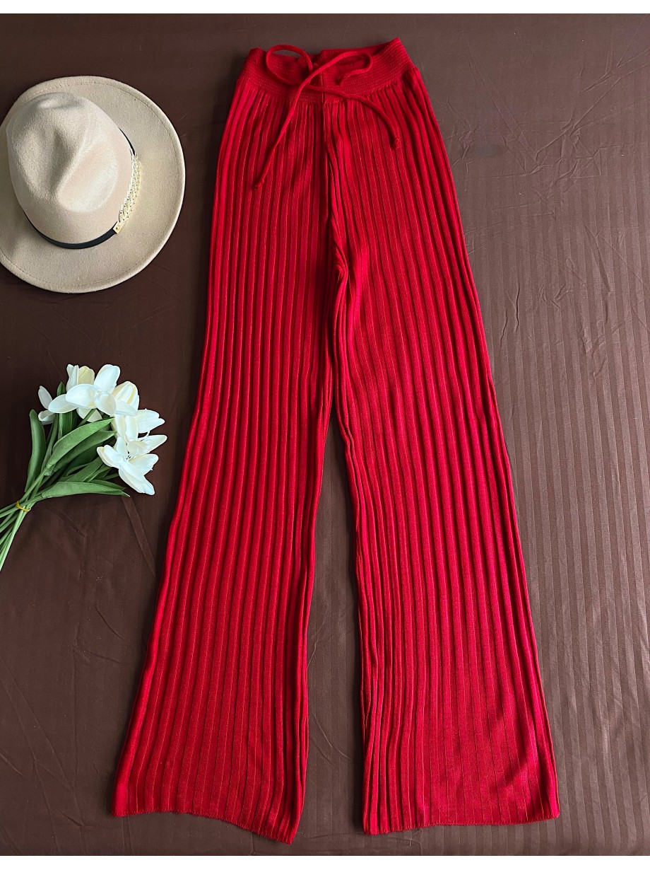 Pantaloni dama din tricot SUBTIRE rosii cu snur in talie