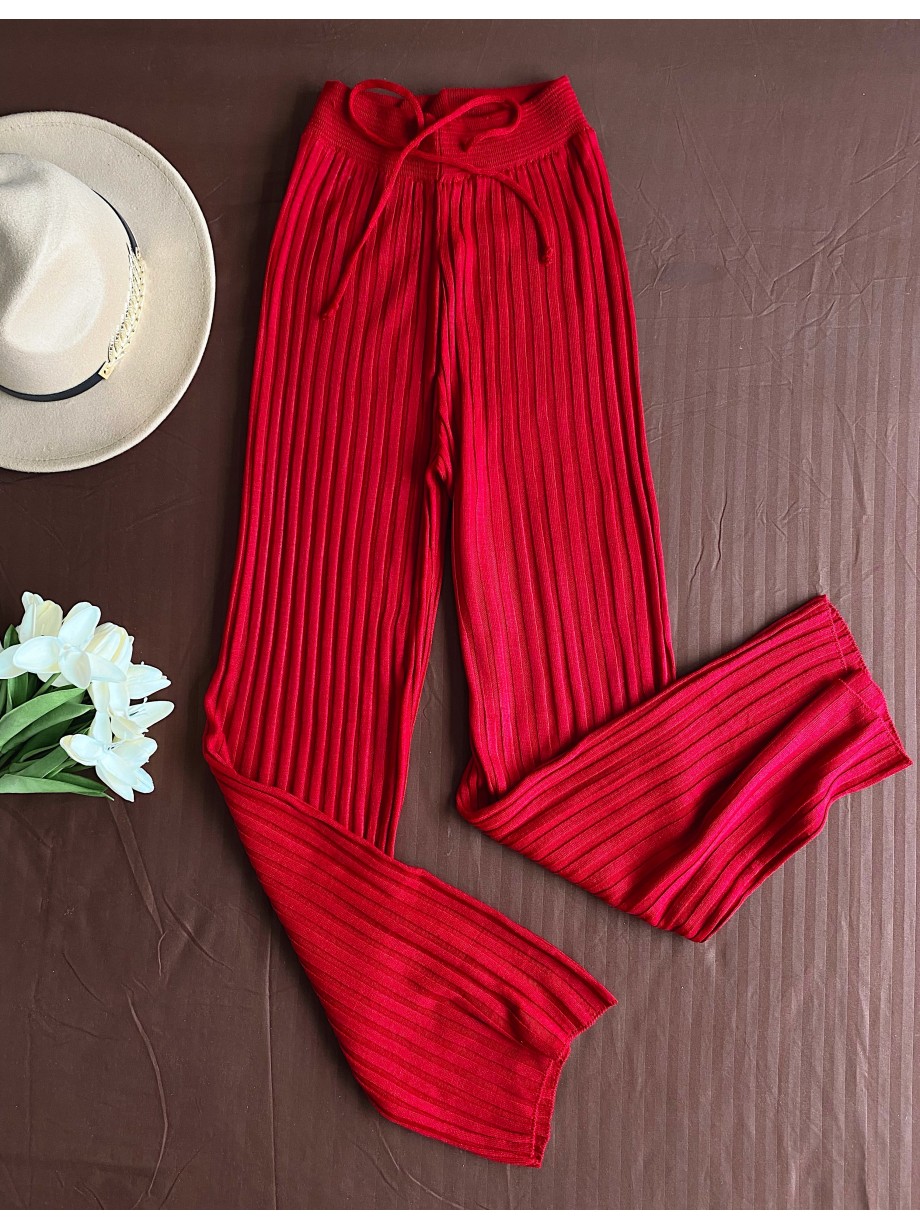 Pantaloni dama din tricot SUBTIRE rosii cu snur in talie