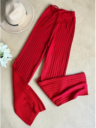 Pantaloni dama din tricot SUBTIRE rosii cu snur in talie