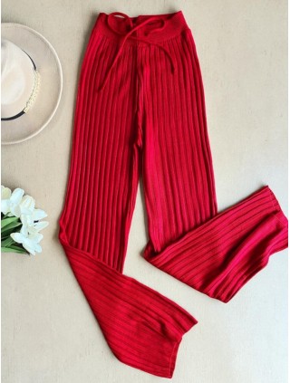 Pantaloni dama din tricot SUBTIRE rosii cu snur in talie