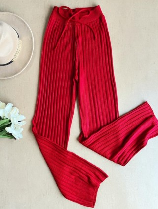 Pantaloni dama din tricot SUBTIRE rosii cu snur in talie