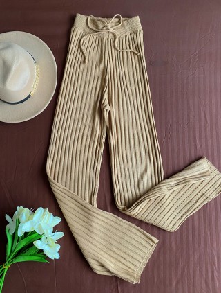 Pantaloni dama din tricot SUBTIRE crem cu snur in talie