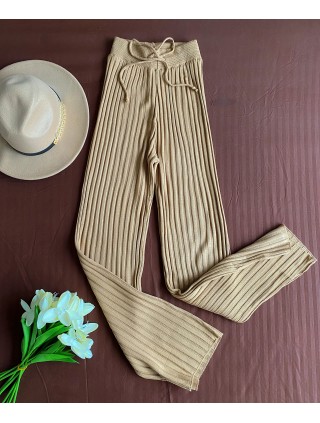Pantaloni dama din tricot SUBTIRE crem cu snur in talie