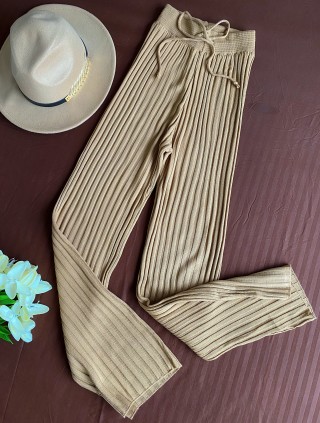 Pantaloni dama din tricot SUBTIRE crem cu snur in talie Pantaloni dama din tricot SUBTIRE crem cu snur in talie